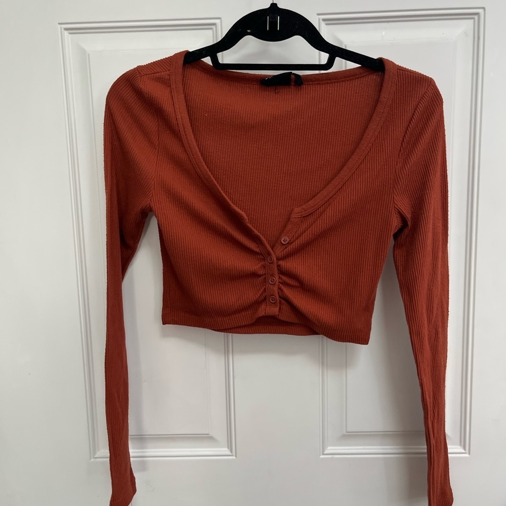 Out from under by Urban Outfitters cropped long sleeve button shirt brown small